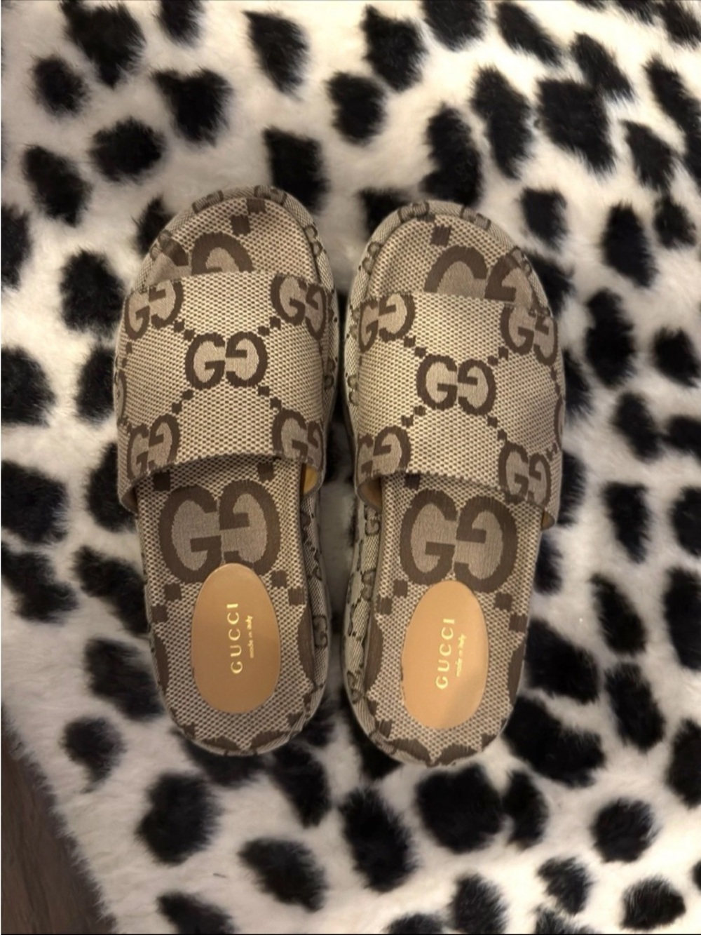 Gucci Beige and Brown GG Canvas Slide Sandals